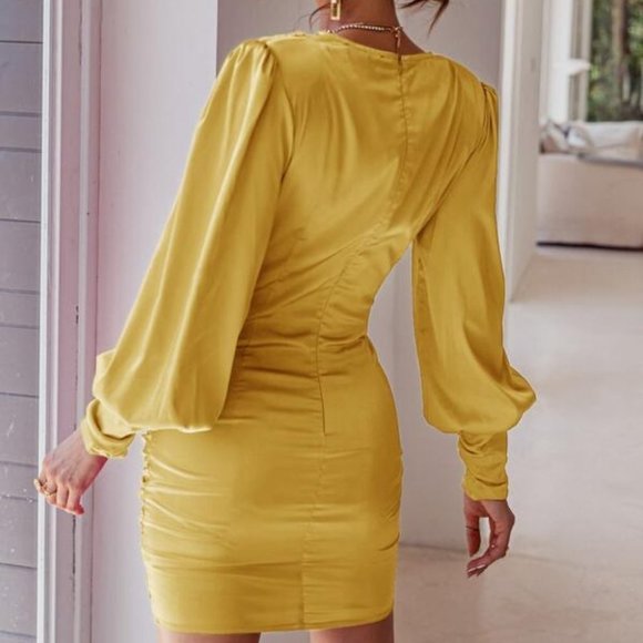 Yellow Satin Ruched Twist Front mini Dress - Picture 4 of 7